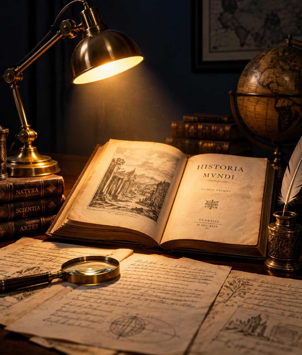 An open antique book and annotated manuscript pages under a brass reading lamp